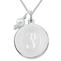 Engraved 18mm Silver Initial Disc Necklace with Pearl Charm
