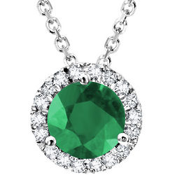 14K White Gold Emerald and Diamonds Pendant Necklace