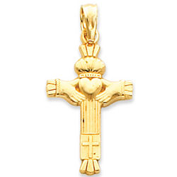 14k Yellow Gold Fine Carved Heart Claddagh Cross Pendant