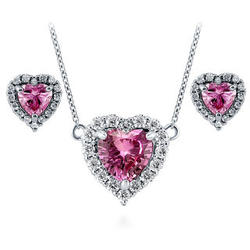 Sterling Silver Pink CZ Halo Heart Earrings and Pendant