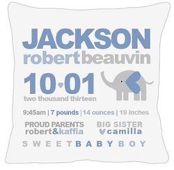 Birth Announcement New Baby Gray Elephant Pillow