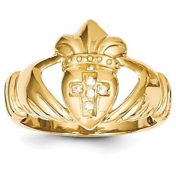 14 Karat Gold Diamond Cross Irish Claddagh Ring