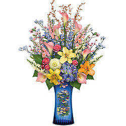 Claude Monet Water Lilies Vase with Lifelike Floral Arrangement