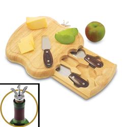 Apple-Shaped Cutting Board with Cheese Tools and Wine Stopper