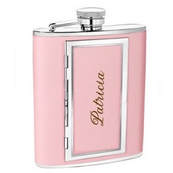 Personalized Pink Leather Flask with Cigarette Case