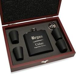Engraved Wedding Party Black Flask Set in Wooden Box