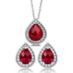Pear Cut Simulated Ruby Silver Halo Jewelry Set
