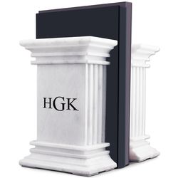 Monogrammed Natural White Marble Column Bookends