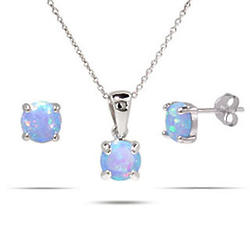 Sterling Silver Round Blue Opal Necklace and Earrings