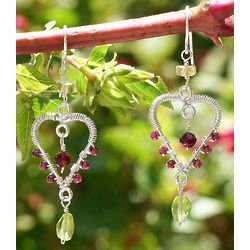Loving Heart Garnet and Peridot Dangle Earrings