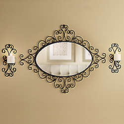 Scroll Edged Wall Mirror and Sconces Set