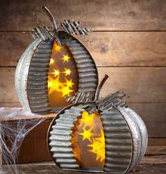 2 Lighted Galvanized Metal Pumpkin Decorations
