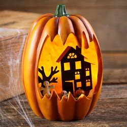 Lighted Carved Haunted House Pumpkin Decoration