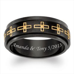 Personalized Gold-Tone Cross Spinner Band in Black Titanium