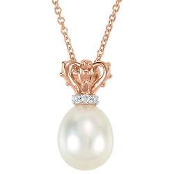 14k Rose Gold and Pearl Crown Necklace with Diamond Accents