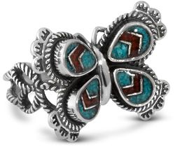 Sterling Silver and Multi Gemstone Inlay Butterfly Ring
