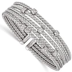 Sterling Silver Woven Cuff Bangle Bracelet with CZ Accents