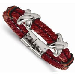 Men's Red Leather and Stainless Steel Fashion Bracelet