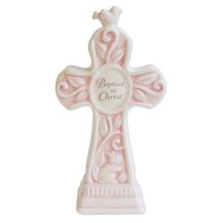 Girl's Glazed Ceramic Baptism Cross in Pink