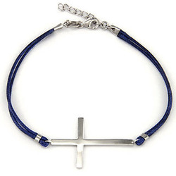 Sterling Silver Sideways Cross Bracelet on Blue Cord