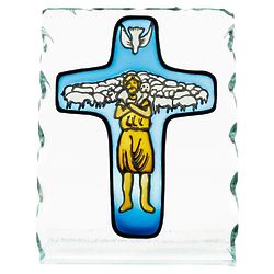 Good Shepherd Cross Standing Glass Plaque