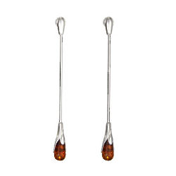 Long Drop Sterling Silver Baltic Amber Flower Bud Earrings