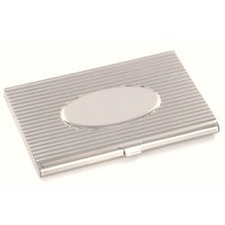 Personalized Silver Ribbed Business Card Case with Oval Center