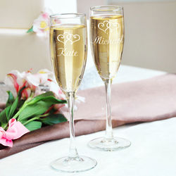 Personalized Wedding Party 2 Heart Champagne Flutes