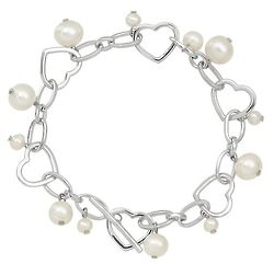 Freshwater Cultured Pearl Heart Link Bracelet in Sterling Silver