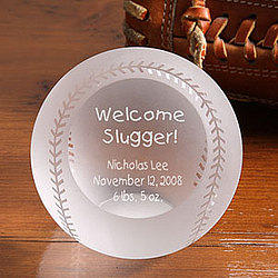 Personalized Crystal Baseball Paperweight - Welcome Slugger