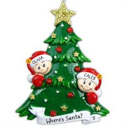 2 Kids Peeking Christmas Tree Personalized Ornament