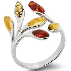 Amber Leaves Sterling Silver Ring