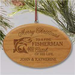 Merry Christmas Fisherman Personalized Wood Holiday Ornament