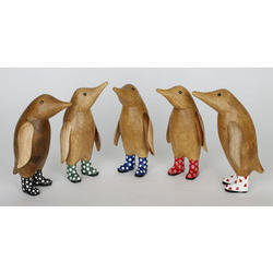 Bamboo Root and Teak Penguin in Rain Boots Figurine