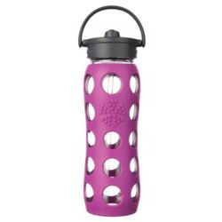 Glass Water Bottle with Straw Cap in Huckleberry Sleeve