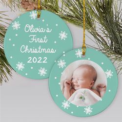 Personalized Mint Snowflake First Christmas Ceramic Ornament