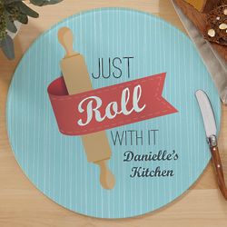 Personalized Just Roll With It Round Glass Cutting Board