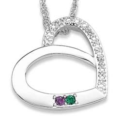 Platinum Plated Mother's 2 Birthstone and Diamond Heart Necklace