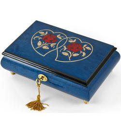 Red Roses on Dark Blue Double Heart on 18 Note Music Box