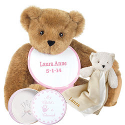 Baby Girl Bear with Buddy Blanket and Hand Print Kit