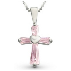 Girl's Sterling Silver Pink CZ Cross Necklace