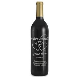 Cabernet Two Hearts One Love Etched Wine Bottle