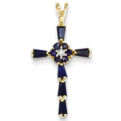 Sapphire Flower Cross Pendant in 14 Karat Yellow Gold