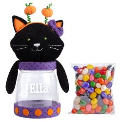 Personalized Halloween Friends Plush Cat Treat Jar with Candy
