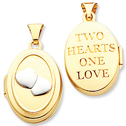 14k Yellow Gold 'Two Hearts One Love' Oval Locket