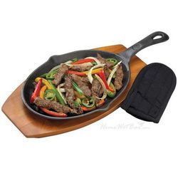 Sizzling Fajita Grill-Safe Cast Iron Skillet and Wooden Base