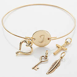 Personalized Gold Plated Initial Bangle Bracelet with Charm