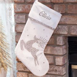 Embroidered White Reindeer Christmas Stocking