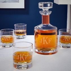 Classic Monogrammed Rocks Glasses & Decanter with Copper Collar