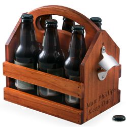 To Go 6-Pack Wood Beverage Bottle Caddy with Bottle Opener